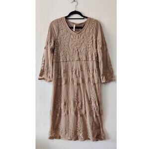 Orange Creek Light Brown Lace Floral Embroidered Midi Dress Size M/L Tan